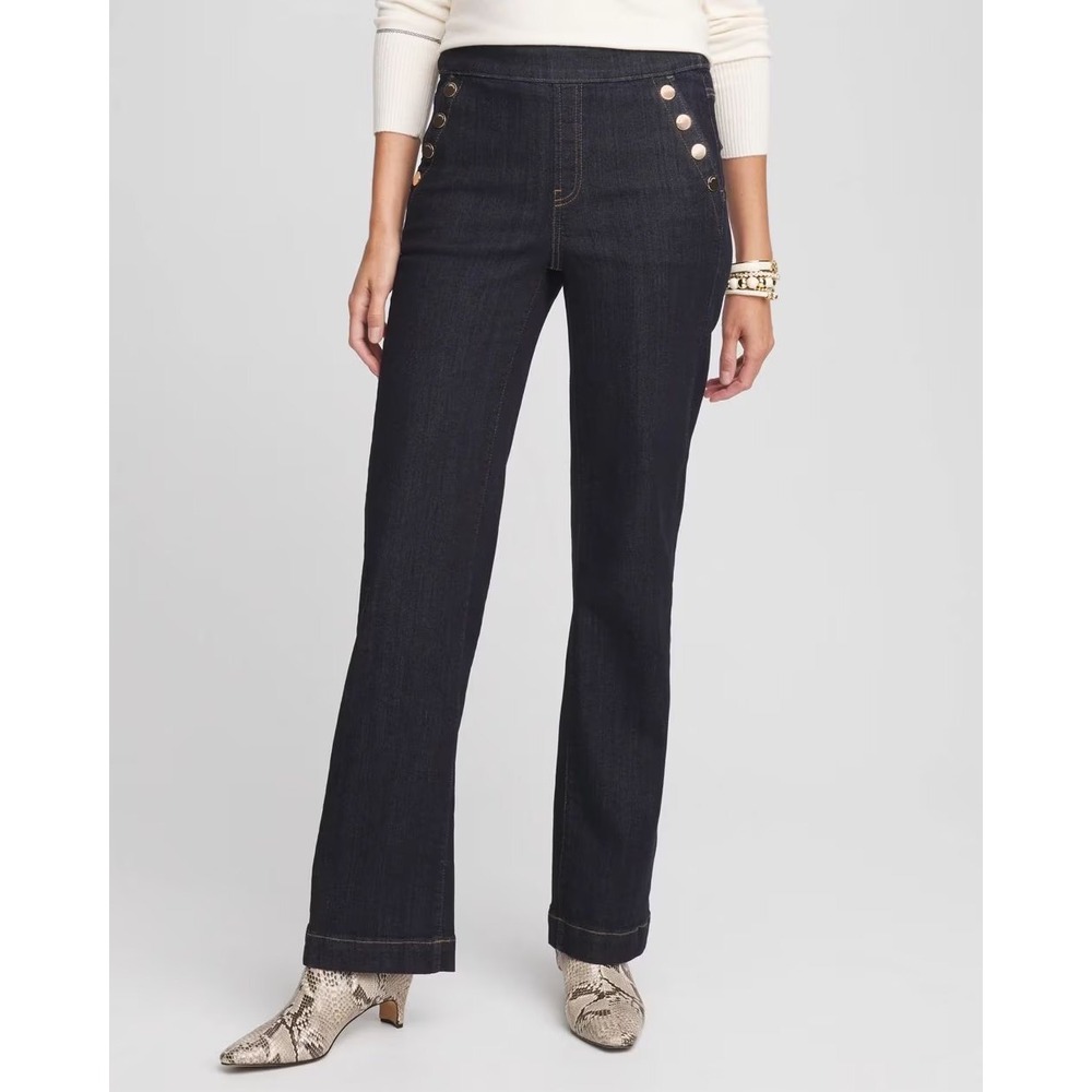 Chico's Dark Indigo Flare Wide Leg Jeans with Button Detail